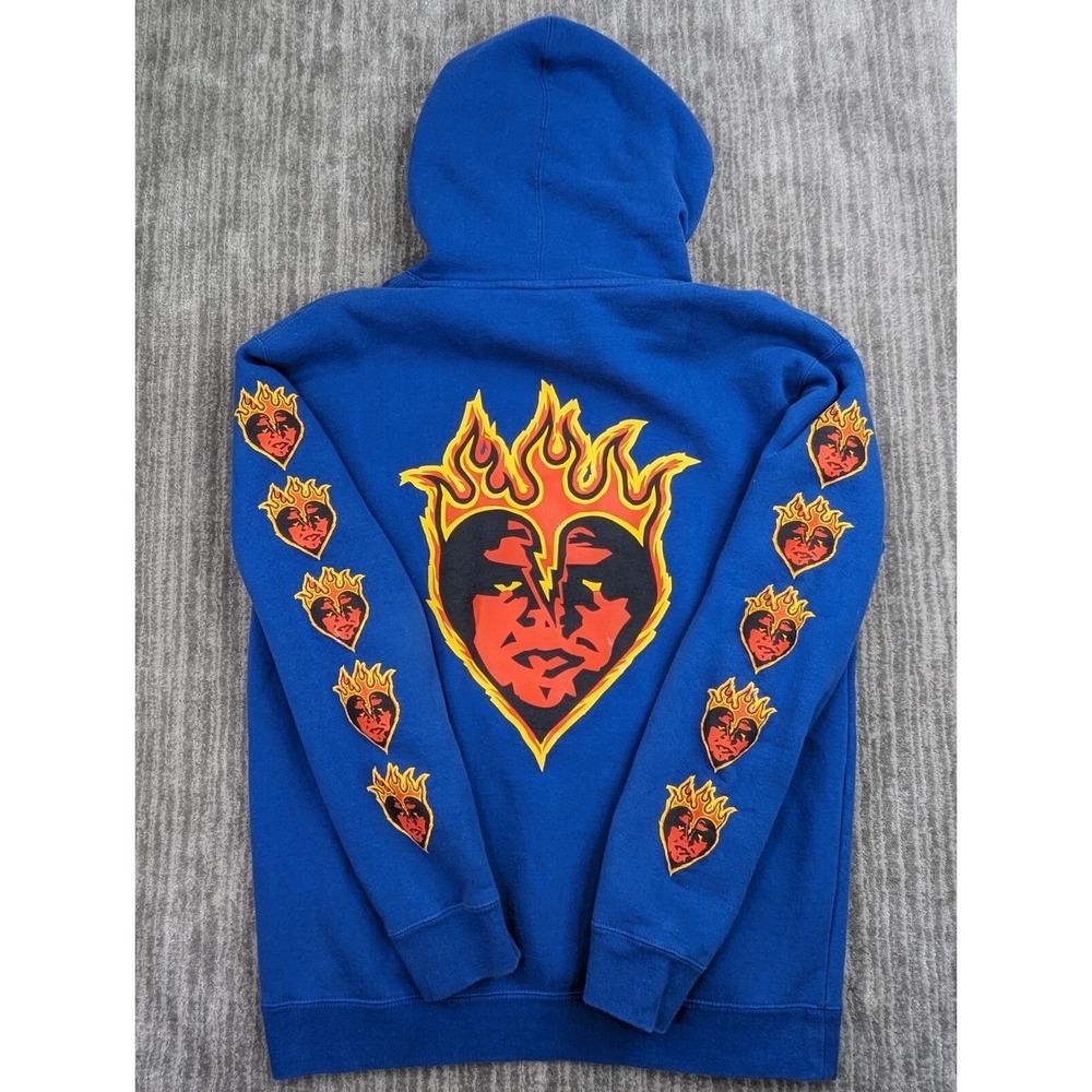 Vintage Obey Hoodie Mens Medium Blue Sweatshirt Flames Skate Logo Sweater